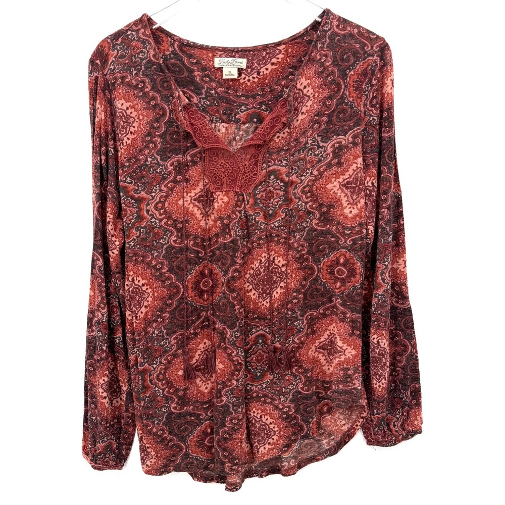 Lucky Brand Crochet Blouse Size XL Long Slit Sleeves Peasant Boho Top Tassel Red